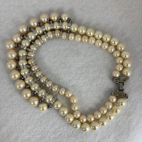 Vintage Carolee Faux Pearl Rhinestone Collar Bib Necklace Chunky Double Strand - Picture 9 of 11